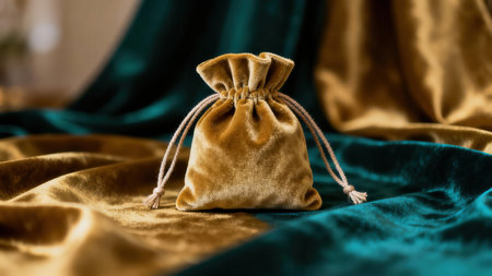 Shot highlighting the plush texture of a small yellow velvet pouch tied with thin cord, set against undulating deep green and yellow velvet drapes with ambient lighting.の素材