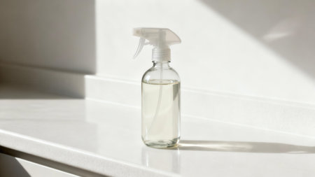High key photo showing a clear refillable glass spray bottle on a glossy white quartz ledge, featuring strong directional sunlight and deep dark angular shadows on the pristine white background.の素材