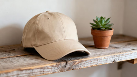 Close up shot of a neutral colored khaki hat and potted rosette succulent illuminated by natural light on a textured reclaimed wood surface against a simple off white wall.の素材