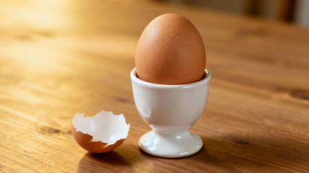 Hard-boiled brown egg in white ceramic cup illuminated by warm natural golden light on a textured hardwood table, contrasting sharply with the shattered shell fragment.の素材