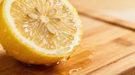 Detailed macro shot of yellow citrus fruit half, displaying inner texture, seeds, and dripping moisture onto a striped bamboo cutting board.の素材