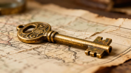 Detailed  of a tarnished gold skeleton key with intricate engravings, resting on the crumpled, light brown surface of a vintage world map.の素材