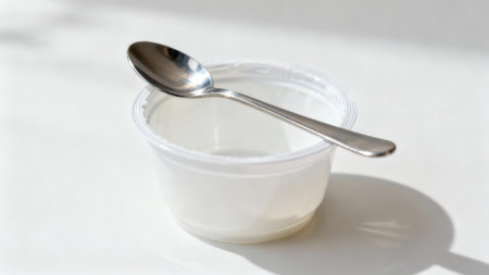 Polished stainless steel dessert spoon placed across an empty, translucent plastic container, captured in bright high-key lighting with sharp shadows on a clean white surface.の素材