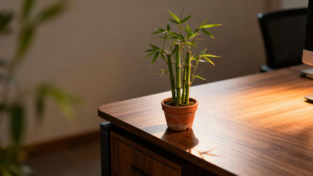 Small grouping of Dracaena sanderiana, known as lucky bamboo, in a clay pot on a glossy dark brown desk, beautifully lit by warm directional sunlight.の素材