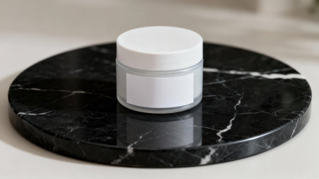 Minimalist product display featuring a frosted skincare jar with a white lid and blank label centered on a polished black marble circular stand with bright white veining.の素材