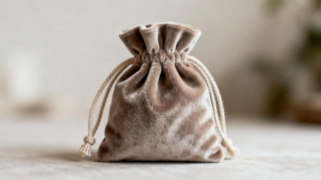 Detailed view of a rich, velvety taupe-colored pouch cinched closed with a natural fiber drawstring cord, highlighting the soft texture and subtle wrinkles under gentle  lighting.の素材