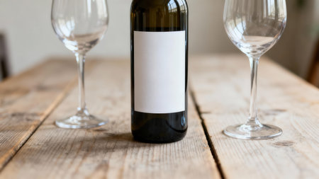 Focused arrangement of a liquor bottle with a prominent rectangular white label situated between two empty long stemmed drinking vessels resting on a textured brown wooden tabletop.の素材