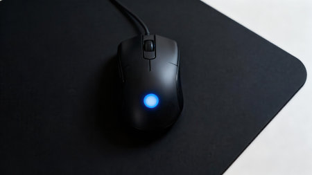 Matte black wired computer mouse with a vivid circular blue LED indicator resting on a dark rubber gaming mousepad, isolated by surrounding bright white areas.の素材
