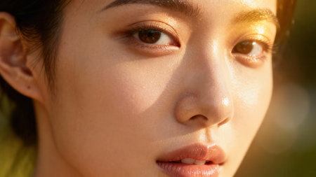 Extreme  of a beautiful Asian woman's facial features, showing intensely glossy, well-hydrated skin and deep brown eyes, dramatically lit by deep orange backlight.の素材