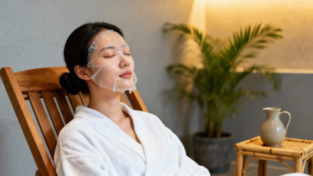 Medium  of young woman wearing a white terrycloth robe, enjoying hydrating facial sheet mask while reclining in a wooden deck chair in a dimly lit spa interior with a palm plant and rattan table.の素材
