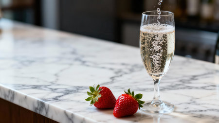 Crisp white sparkling wine fizzing with bubbles while being poured into a tall flute, placed next to bright red strawberries on a reflective white marble bar surface in an upscale indoor setting.の素材