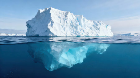 Giant split-view photograph of a floating polar iceberg, revealing the textured white ice above the waterline against a blue sky and the glowing turquoise mass submerged in the dark deep water.の素材