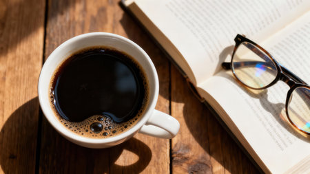 Overhead flat lay capturing dark coffee in a stark white cup resting on textured wooden planks next to an open book and stylish tortoiseshell eyeglasses, highlighted by strong window light.の素材