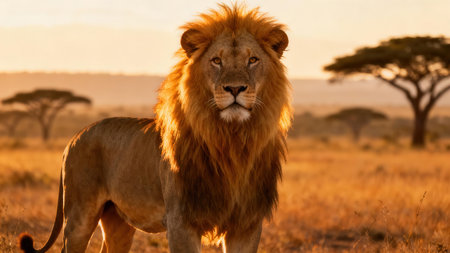 Majestic African male lion standing in tall brown grass, heavily backlit by the brilliant orange and yellow light of the setting sun, emphasizing the thick auburn mane texture.の素材