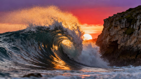 Turbulent curling turquoise ocean wave illuminated by golden sunlight bursting through the tube while the intense red and purple sky frames the rugged brown cliff face.の素材