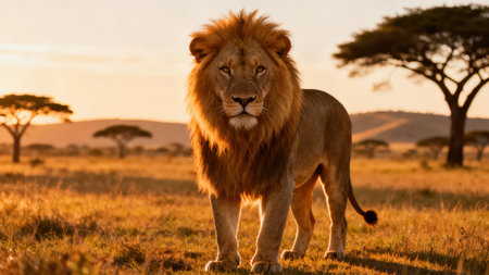 Golden hour photograph of a powerful adult male African lion standing frontally in the savanna, its thick orange mane dramatically backlit against the soft yellow sky and distant acacia trees.の素材