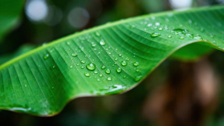 Macro photography showing numerous clear liquid spheres resting on the ribbed texture of a large, lush green banana leaf surface with soft bokeh.の素材