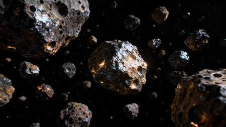 View of a dense asteroid field composed of chunky, highly reflective, dark metallic objects with deep craters emitting internal amber light against a starry zero-gravity environment.の素材