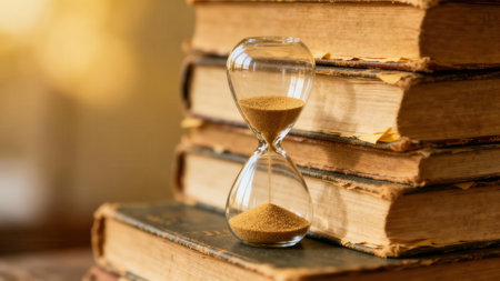 Detailed  of a clear sand timer with golden grains flowing, placed beside a tall stack of worn historical texts featuring rough edges and dark covers under dramatic  lighting.の素材