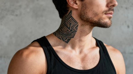 Profile of a fit male model showcasing a modern black abstract tribal tattoo wrapping around his throat area, highlighting the intricate symmetrical design and strong shoulders.の素材
