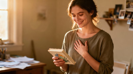 Intimate  of a dark-haired Caucasian woman in an olive green top, smiling happily while touching her chest and looking down at a small embroidered book in warm indoor lighting.の素材