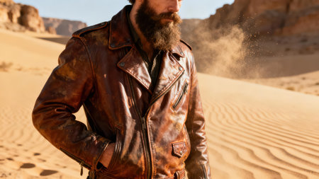 Close up shot showing a rugged man wearing a distressed reddish-brown leather jacket with metal zippers, standing amidst bright, rippled tan desert sand with dust particulates floating in the air.の素材