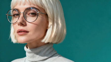 Headshot of stylish woman with bright platinum blonde bob and fringe, wearing round prescription glasses and a gray knit turtleneck sweater illuminated by directional sunlight.の素材