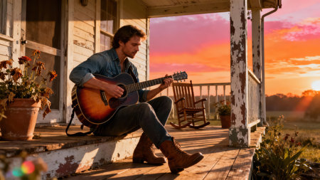 Sun-drenched male musician playing a folk guitar, contrasted against a vibrant pink and orange evening sky, sitting on the distressed planks of an old shack.の素材