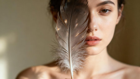 Detailed headshot of a beautiful young female model with her left eye hidden behind a mottled brown and white bird feather, featuring dramatic sidelight emphasizing texture against a beige background.の素材