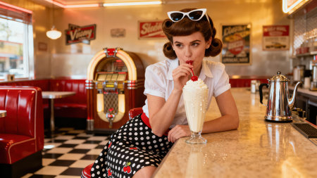 Beautiful brunette woman with pin curls and cat eye sunglasses enjoying a creamy dessert drink inside a warm lit retro diner featuring red vinyl booths, a checkered floor, and vintage jukebox.の素材