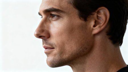 Close cropped side view portrait of a mature male emphasizing strong facial features, sharp jawline, and detailed skin texture under bright  lighting with a high-key background.の素材