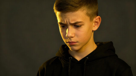 Worried adolescent male illuminated by harsh, warm yellow spotlight, highlighting the troubled expression and tightly furrowed eyebrows against a low-key dark gray backdrop.の素材