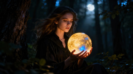 Young brunette female holds a highly textured golden sphere resembling the full moon, casting bright yellow light onto her face and hands in a dark, magical woodland scene.の素材