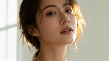 Intimate  of a youthful East Asian woman's face, illuminated by golden rim light from a window source, highlighting the texture of her smooth skin and dark brown hair.の素材