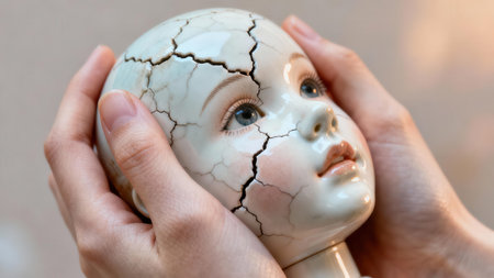 Delicate skin of human fingers supporting the pale ceramic, deeply fractured face of a vintage toy, highlighting the fragility and severe damage of the antique object.の素材