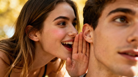 Candid closeup portrait showing a smiling woman with brown ombre hair covering her mouth while leaning in to speak privately into a young man's ear under bright natural daylight.の素材