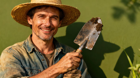 Cheerful, rugged male adult with freckles and dirty hands holding a metal garden trowel full of dark earth, standing against an olive green wall illuminated by strong sunlight.の素材