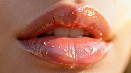 Extreme  view of peachy-pink lips reflecting intense light, featuring large clear water droplets rolling down the saturated, high-gloss surface.の素材