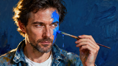 Intense golden backlighting highlights a serious man with stubble, wearing a paint-splattered denim jacket, applying thick cerulean blue oil paint to his eye area using a fine art brush.の素材