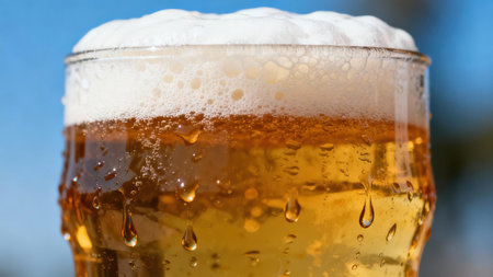 Glistening liquid beer condensation forms large droplets dripping down the wet surface of a glass filled with golden lager, capped by thick, white, bubbly foam outdoors.の素材