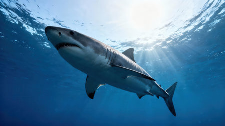 Massive Carcharodon carcharias (Great White Shark) viewed from below, ascending through clear blue ocean water towards the bright, rippling surface where intense sun rays penetrate the depth.の素材
