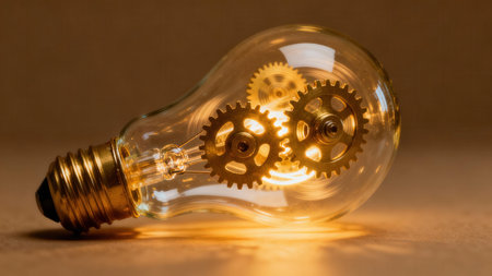 Warm, dramatic  lighting highlighting three detailed brass cogs resting inside a clear glass incandescent bulb structure against a softly blurred sepia background, symbolizing thought.の素材
