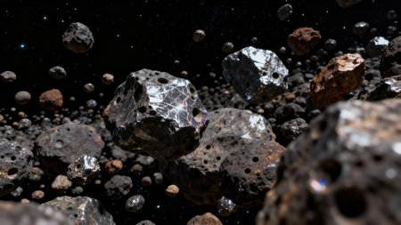 Clustered collection of variously shaped metallic and stony space rocks dramatically illuminated, showing deep craters and cracked reflective surfaces against the starry black background.の素材