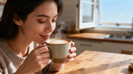 Brunette woman in neutral sweater holding speckled earthenware mug of steaming latte or cappuccino, savoring the fragrance in bright morning light near an open kitchen window.の素材