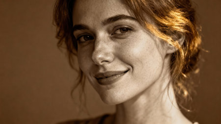 Study of a beautiful young adult woman with delicate freckles and golden highlighted auburn hair, rendered in a striking sepia and brown antique photographic tone.の素材