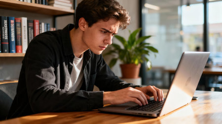Profile view of a determined young male professional frowning while typing quickly on a laptop keyboard, illuminated by warm sunlight streaming across the wooden desktop and background bookshelves.の素材