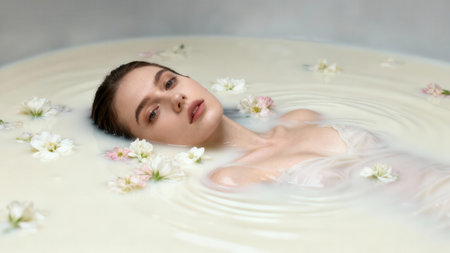 Smooth pale skin of a relaxed woman visible above rippling creamy white milk surface, accented by floating white and blush pink springtime floral blossoms.の素材