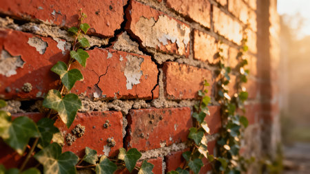 View of decaying orange-red brick masonry showing deep cracks and peeling white stucco, highlighted by bright golden hour backlighting illuminating the climbing green English ivy.の素材