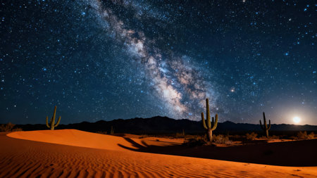 Stunning long exposure nighttime view of the Milky Way galaxy and rising moon over vibrant orange desert sand dunes, featuring tall Saguaro cacti silhouettes against the dark blue sky.の素材