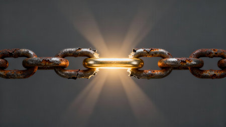 Brightly shining gold link replacing a weakened segment of a heavily corroded metal chain, representing renewal and crucial structural reinforcement against a deep gray backdrop.の素材